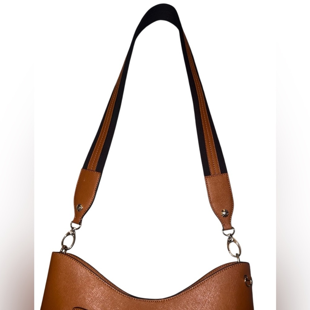 EUC Henri Bendel Saffiano Leather Shoulder Bag Tan Camel Leather Adjustable - Picture 8 of 13